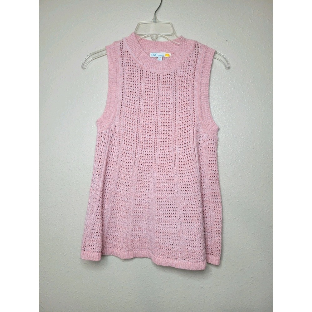 C & C California Sleeveless Crochet Pink Sweater Sz S Open Knit Career Top